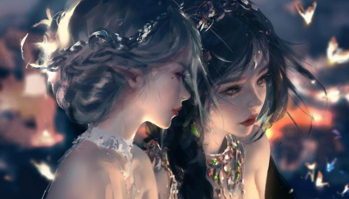 Long Hair Short Hair WLOP 4K Anime Wallpaper