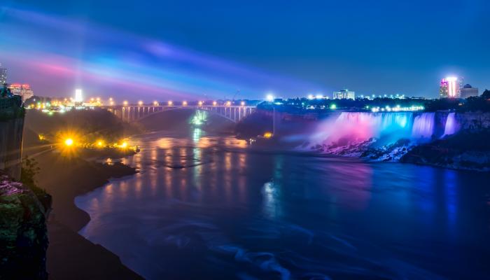 Landscape River Waterfall Night City 4K Nature Wallpaper