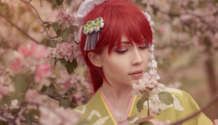 Woman Cherry Blossom 2K Portrait Wallpaper
