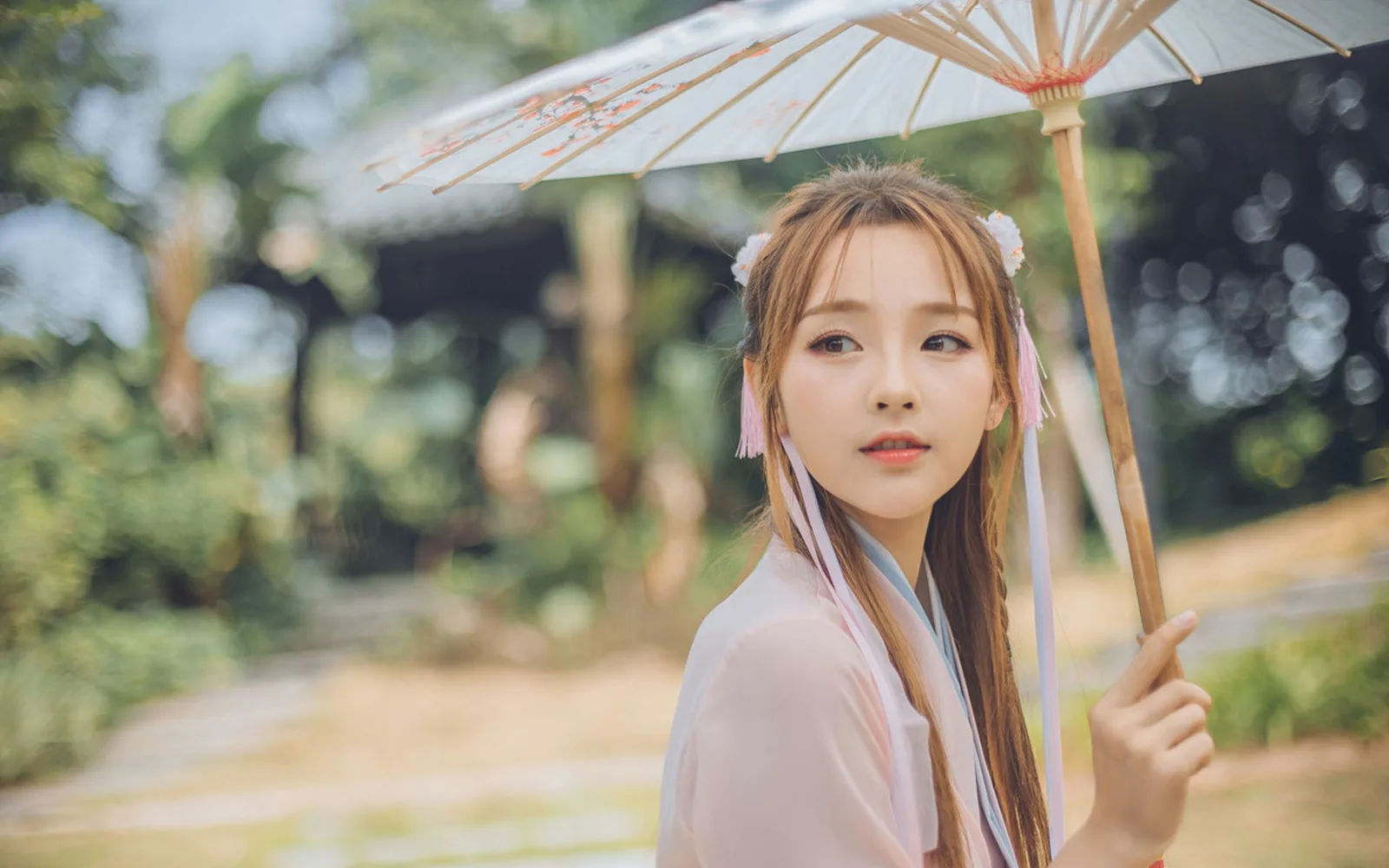 Woman Long Hair Paper Umbrella HD Portrait Wallpaper