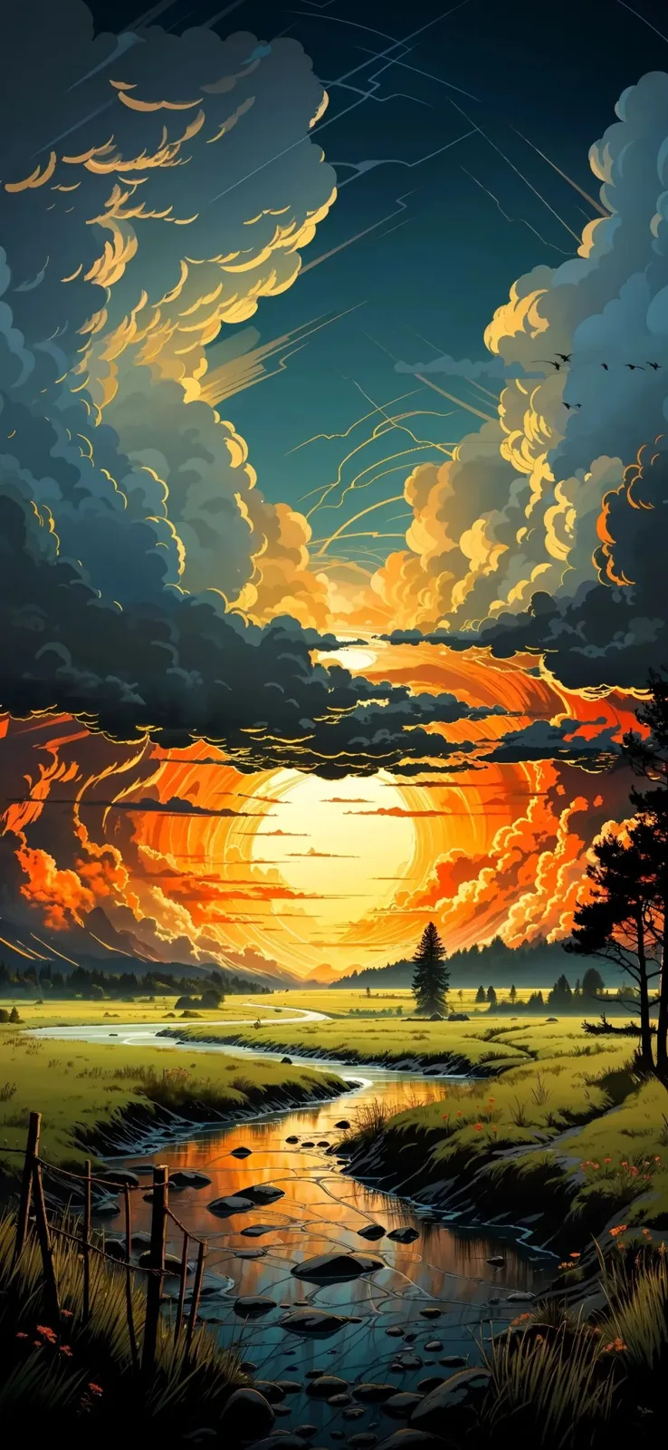 Landscape River Sunset Art AI HD Phone Wallpaper