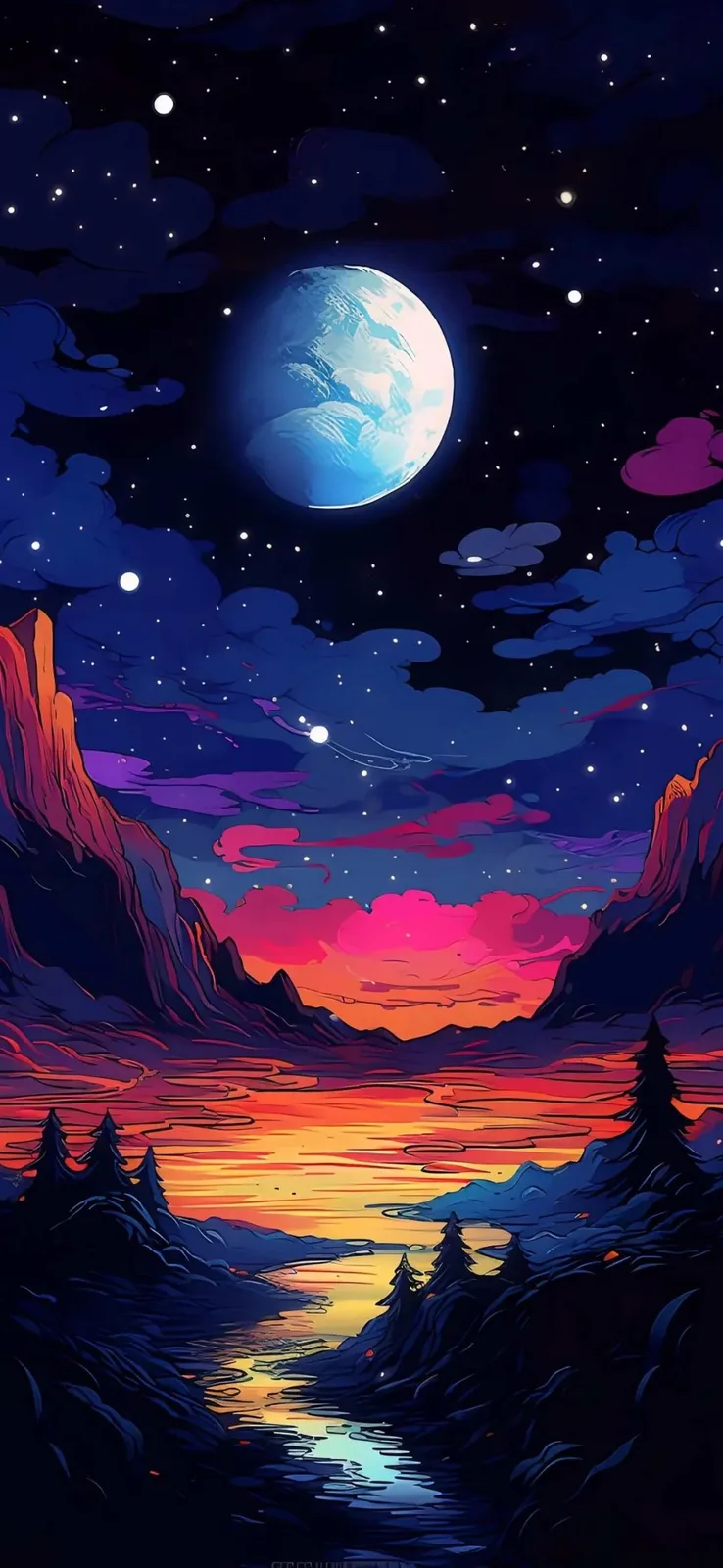 Mountains River Starry Sky Vertical HD Phone Wallpaper